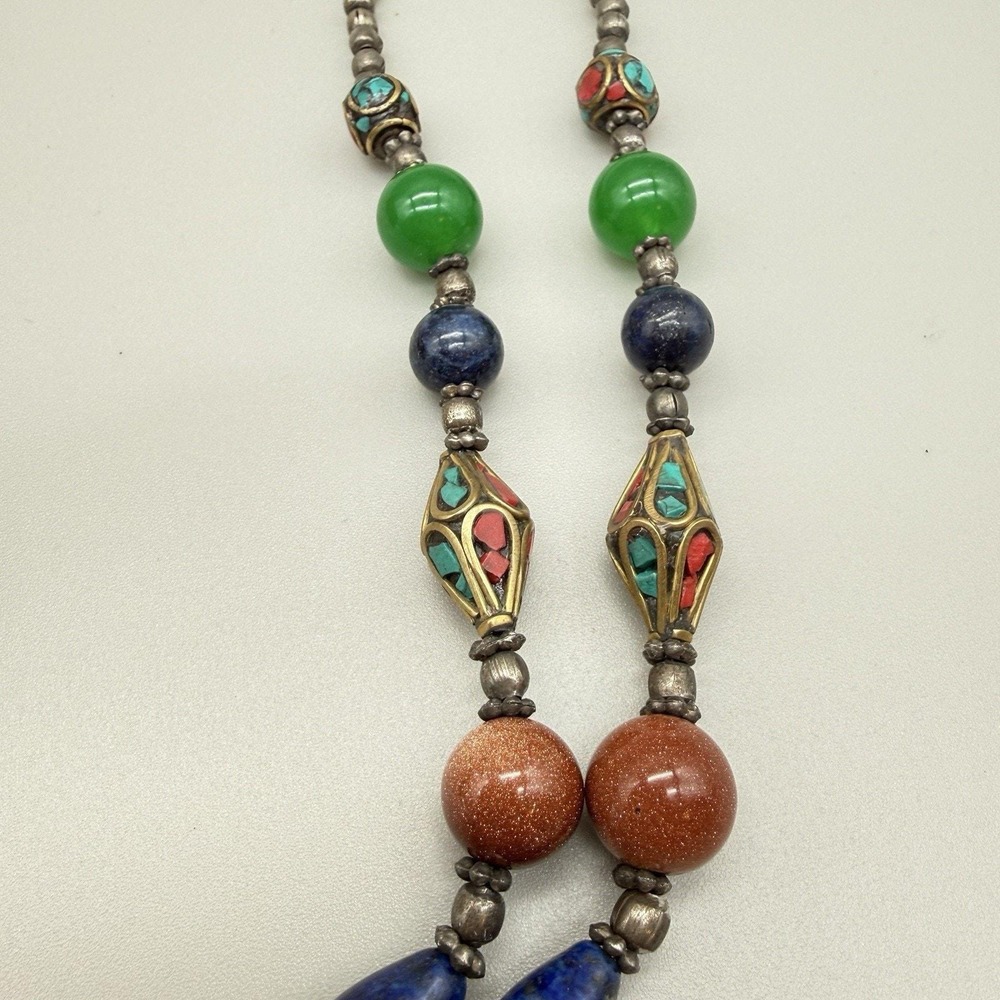 Tibetan Inlay Dome Pendant Necklace Boho Mixed Glass/Semi Precious Beads & Stone - Picture 10 of 16